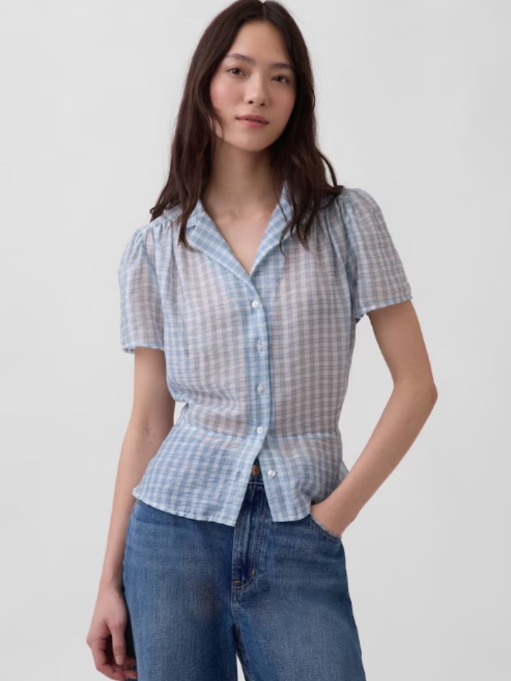 NWT - Gap Blue Check Sheer Button-Front Peplum Top
